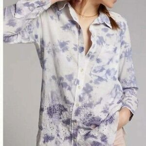 Pilcro Anthropologie Tie Dye Eyelet Button Down Shirt soft purple White Cotton S
